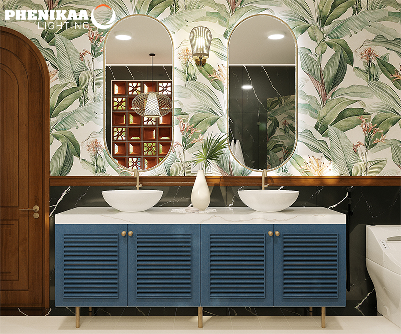 Phòng tắm sang trọng hơn nhờ nguồn ánh sáng sắc nét, phản ánh chân thực màu sắc đồ vật, hình vẽ trang trí